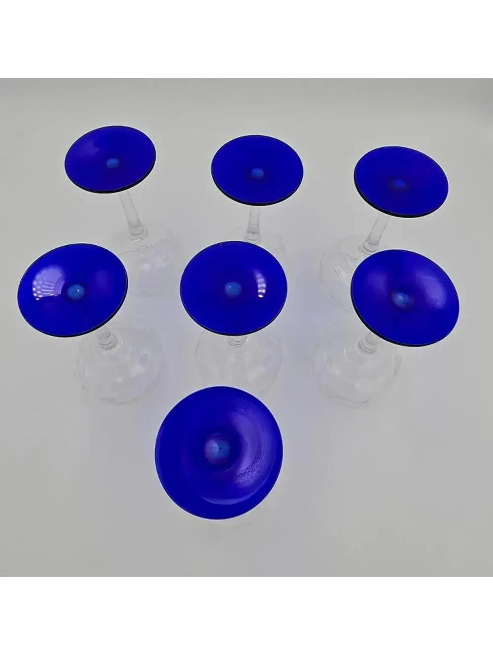 Vintage MCM Set 7 Etched Coupe Glasses Cobalt Blue Stem Floral Barware